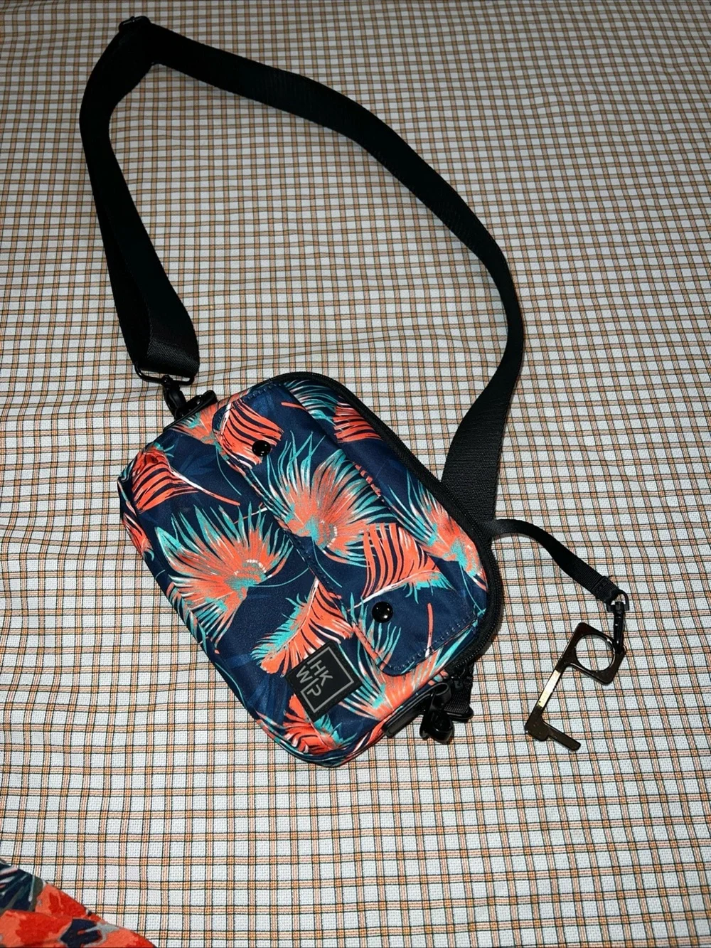 HKWP Navy Crossbody Bag with Coral & Teal Tropical Print